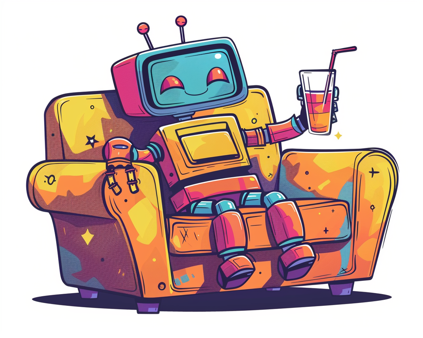 Illustration of a happy worriless robot waiting for Nexrender to render multiple videos