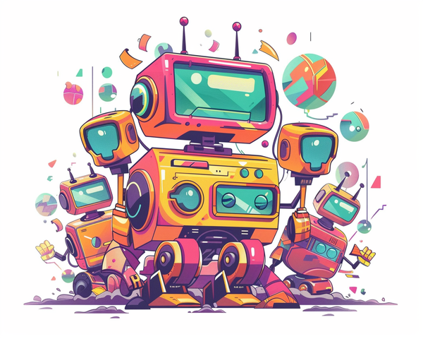 Illustration of a bunch of robots working together to render lots of similar videos