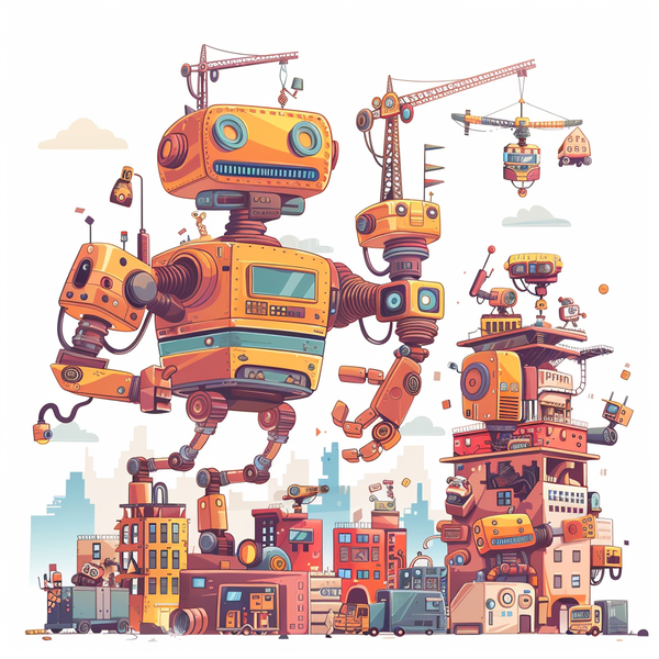 Illustration of robots working together to build a next-gen video rendering infrastructure